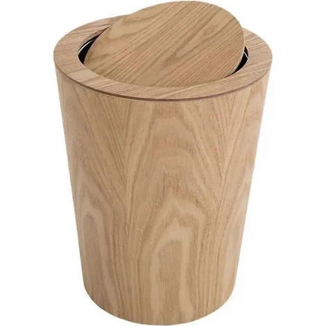 Corbeille à papier ronde en bois massif de 10 L avec couvercle basculant - Écologique, idéale pour le bureau et la maison. (1/5)