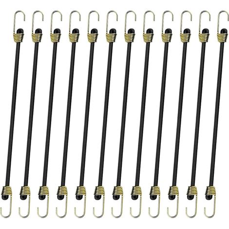 Cordes élastiques - Lot de 12 - Cordes robustes avec crochets - Noires - Pour fixer les tentes de camping - Ranger les bâches - Attacher de petits objets (1/5)