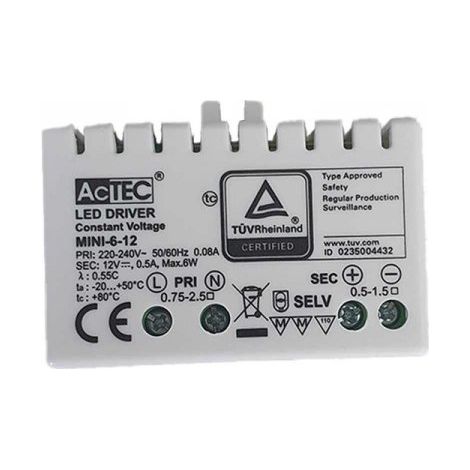 Mini Alimentatore Trasformatore 6W 12V 0,5A IP20 50X32X18,5mm Con Morsetti