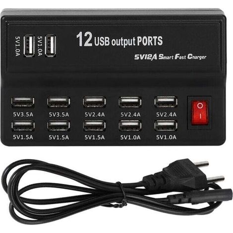 Station de Charge USB 12 Ports Rapide Universelle 100-240V avec Câble pour Appareils Multiples (1/4)