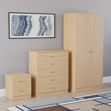 Riano 3 Piece Bedroom Set (2 Drawer Bedside Chest, 5 Drawer Chest, 2 Door Wardrobe), Pine