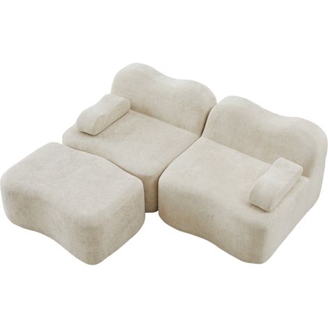 Divano modulare angolare 2 posti con pouf in velluto beige, 192 x 167 x 70 cm HOMVRA (1/5)