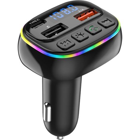 Émetteur radio sans fil générique pour voiture, avec grand écran LED de 3,5 x 2 pouces, chargeur avec double port USB, émetteur FM et format compact. Compatible autoradio. (1/5)
