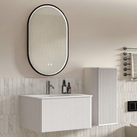 Set meuble vasque 80cm avec lavabo, meuble latéral et miroir LED ovale cadre noir, blanc, salle bain spacieux, rangement pratique (1/5)