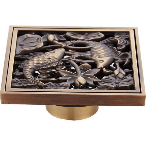 Antique brass 3.9 inch shower drain with square outlet and removable hollow filter cover. (1/5)