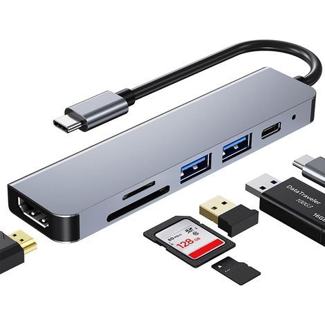Hub USB-C multifunzione 6 in 1, stazione di estensione HDMI 4K, ricarica rapida PD da 87 W, da Type-C a USB 3.0/lettore di schede SD/TF, compatibile con i laptop MacBook. (1/5)