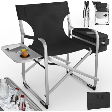 Chaise de camping pliante charge 150kg avec table d'appoint et sac isotherme 16L Noir (1/5)