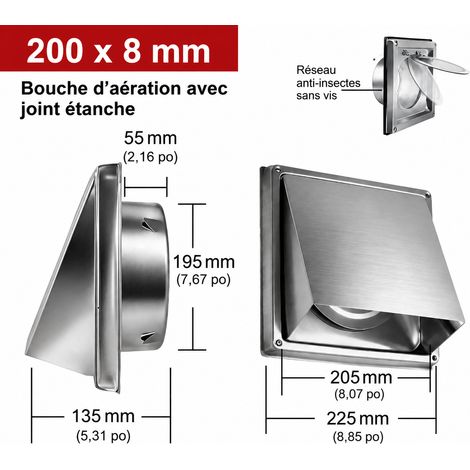 Grille d'aération murale carrée inox 304 200 mm 8 pouces avec clapet anti-retour 200mm 8 réf 7719 23 × 23 × 14 cm 690 g – Livraison gratuite