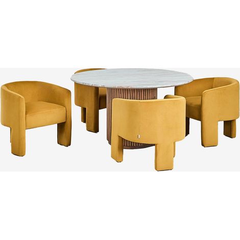 Set tavolo rotondo Ø120 cm in marmo e legno di mango Giselda e 4 sedie da pranzo in velluto Xastru SKLUM