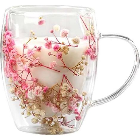 Verre à café au lait avec fleurs séchées, double verre, 350 ml, finition haut de gamme, qualité supérieure, idéal pour un usage domestique. (1/5)