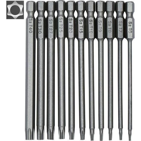 Jeu de 11 embouts Torx 100 mm – Acier S2 – Tige hexagonale 1/4' – Tailles T6 à T40 – Embouts magnétiques pour vissage précis (1/5)