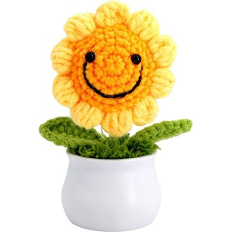 Gehäkelte Blume als Wohlfühl-Dekoration für sich selbst oder als Geschenk handgefertigte gehäkelte Sonnenblume mit Smiley-Gesicht inkl Blumentopf (1/5)