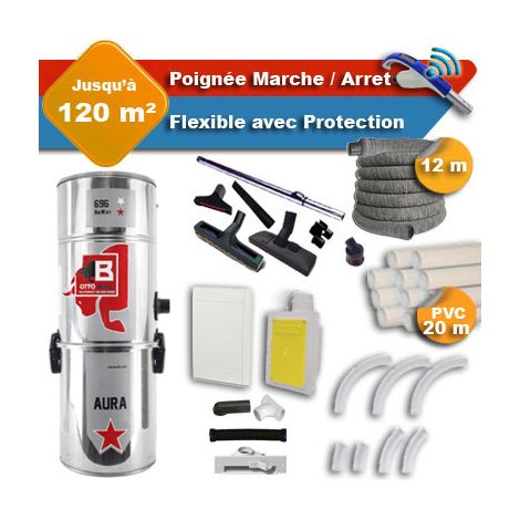 Aspiration centralisée avec sac OTTO BULL AURA 400 INOX garantie 2 ans + flexible rétractable 12 m avec housse de protection + poignée marche/arrêt + 7 accessoires + kit 1 prise RETRAFLEX + kit prise (1/5)