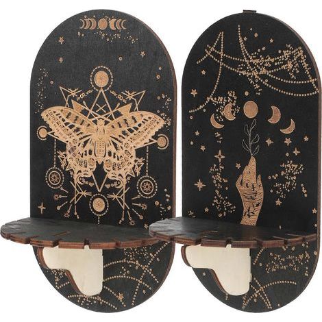 Lot de 2 présentoirs en bois délicat, style bohème, avec support pour cristaux noirs et porte-objets décoratifs suspendus.-21.5