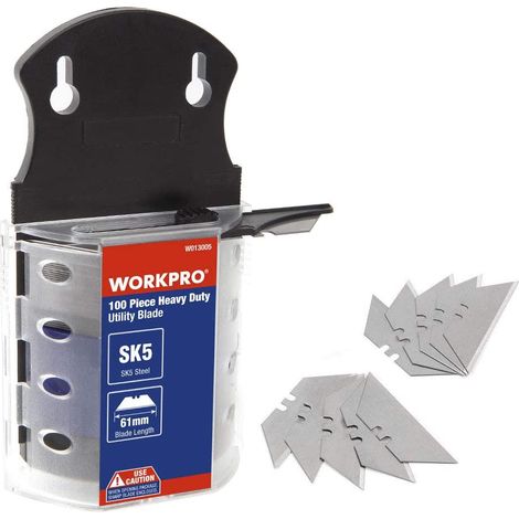 Workpro – Lames trapèzes de cutter 100 pièces – Acier SK5 – Épaisseur 0,5mm – Longueur 60mm – Distributeur inclus pour accès facile