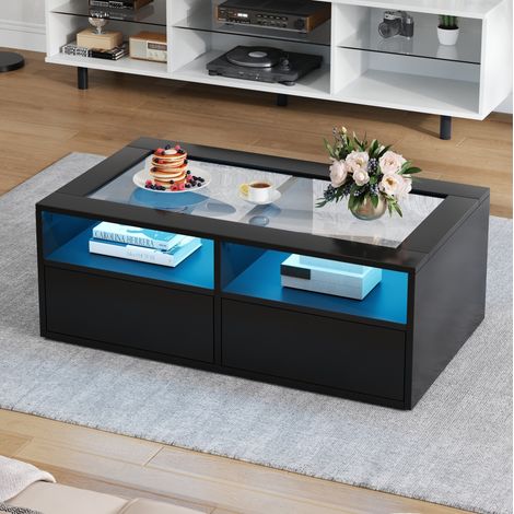 Mesa de centro 100x50x35 cm negra de vidrio y tablero de partículas con LED, 2 cajones y almacenaje abierto (1/5)