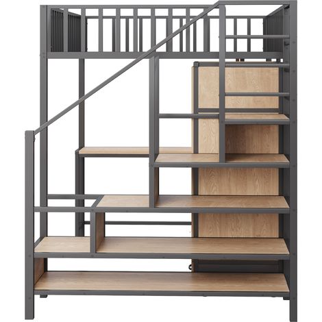 Letto a soppalco in metallo 140 x 200 cm con scrivania, armadio, cassetti, LED e prese, nero (1/5)