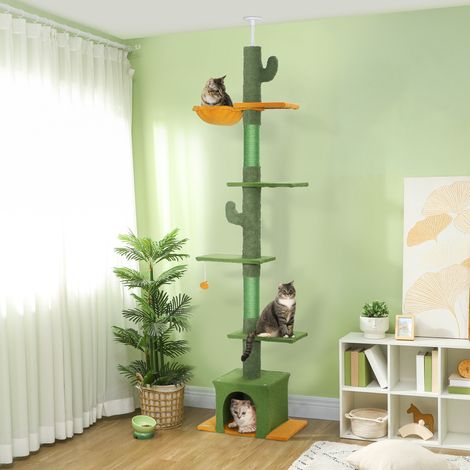 Albero tiragraffi da soffitto 230-275 cm con cuccia, tiragraffi e palla verde DESVIAE (1/5)