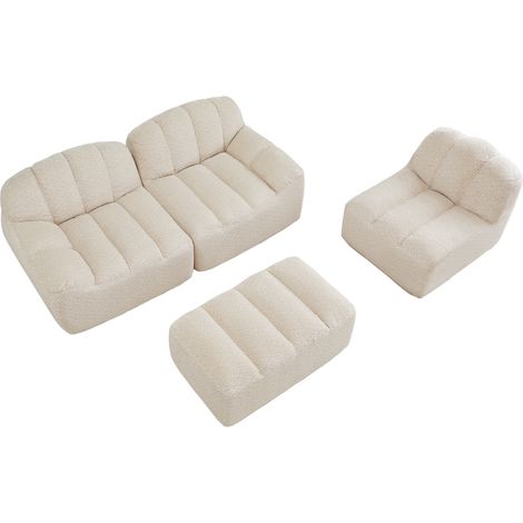 Canapé modulable d’angle 3 places avec ottoman, assise profonde, tissu beige blanc, confort moelleux pour salon et petits espaces CHICFURN (1/5)