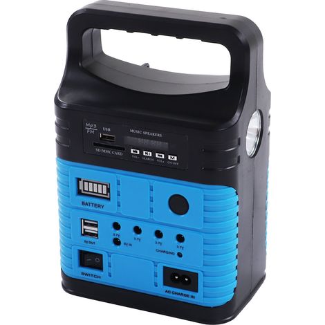Générateur solaire portable SDM 3790 10W avec panneau solaire, lampe de secours, fonction MP3, système de production d'énergie UE 250V bleu (1/5)