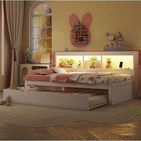 Letto bambino 90x200 cm con letto estraibile, vano comodino, porta USB e LED con telecomando, senza materasso, bianco (1/5)