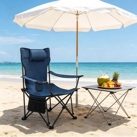 Silla de camping plegable con reposapiés, azul DESVIAE (1/5)
