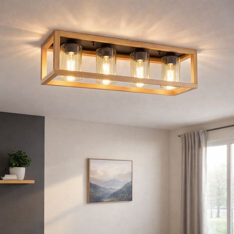 LED Deckenlampe Esstisch Retro Deckenleuchte rustikal Landhaus Deckenlampe Wohnzimmer Holz, MDF Glas rauch Metall, 4x 7W 630Lm warmweiß, LxBxH 75x20x22,5 cm