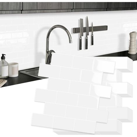 Plus épais Credence Adhesive pour Cuisine Stickers Carrelage Metro Blanc 3d Salle de Bain Crédence Adhesive,Adhesif Mural Carreaux (10-Pièces, 30 x 30cm) (1/5)