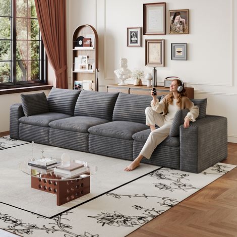 Canapé Cloud 340 cm velours côtelé, double couche, housse amovible, sans montage – salon, chambre, bureau, appartement, gris foncé (1/4)