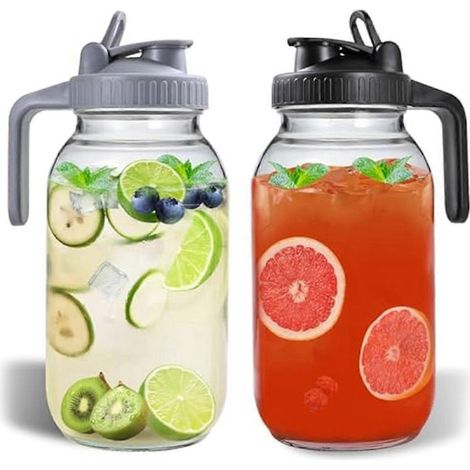 Lot de 2 pichets en verre de 1,9 L (64 oz) avec couvercle et bec verseur, type bocal Mason. (1/5)
