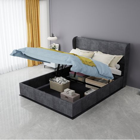 Etagenbett 140/200 cm in Grau mit gepolstertem Kopfteil und stabilem Rahmen (1/5)