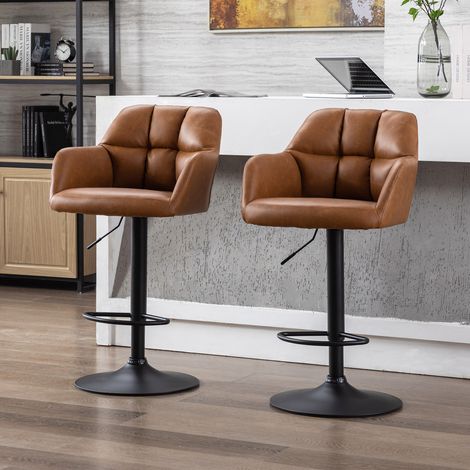 Wahson Set di 2 Sgabelli da Bar in PU, Schienale imbottito in stile moderno regolabile in altezza con poggiapiedi in metallo per cucine a isola aperte bar, Marrone