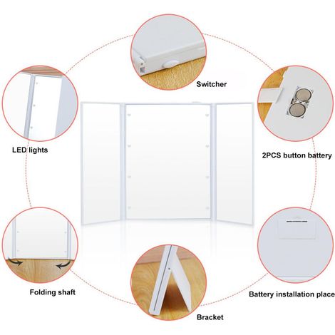 Miroir de maquillage LED pliant 360° avec éclairage réglable, miroir de vanité lumineux pour table