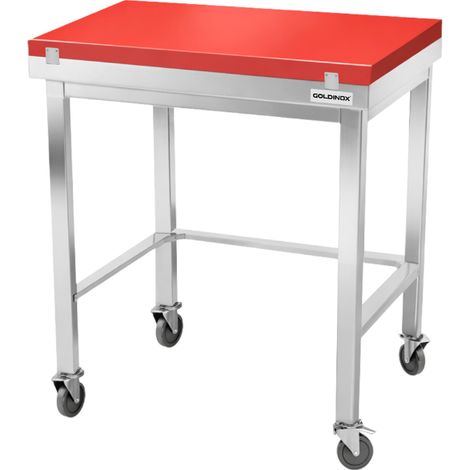 Table de travail en inox 600x700 mm avec plaque de découpe rouge et renfort sur roulettes PREMIUM - GOLDINOX (1/4)