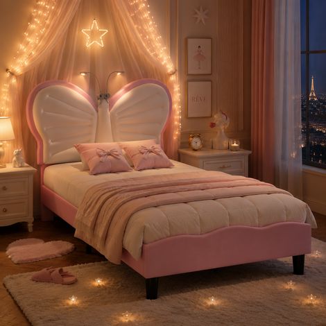 Lit enfant papillon 90x200 cm en velours blanc et rose, lampe de lecture