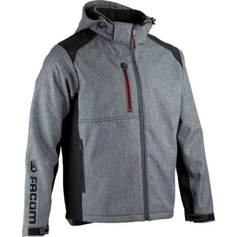 Facom – Veste de travail softshell bicolore à capuche amovible – Taille 6/XXL – 3 poches zippées – Imperméabilité 5000mm – Respirabilité 2000g/m²/24H (1/4)