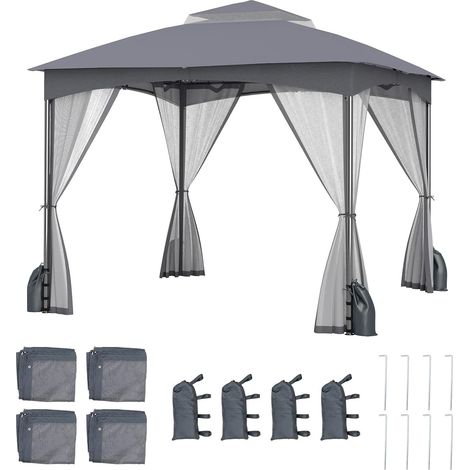 GOPLUS Tonnelle de Jardin Exterieur 3 x 3 m avec Moustiquaire, Lestage Poids, Pergola de Jardin Pliant Toit Double Ventilé, Piquets de Sol et 4 Sacs de Sable (3x3MGris) (1/5)