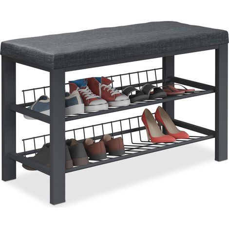 Relaxdays Banco Zapatero, Organizador Zapatos Acolchado, 2 Baldas para Calzado, Tela y Metal, 50,5 x 82 x 33 cm, Negro