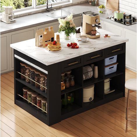 Isla de cocina multifuncional con mesa extensible, 150 x 90 x 90 cm, negro y blanco OKMYHOME (1/5)
