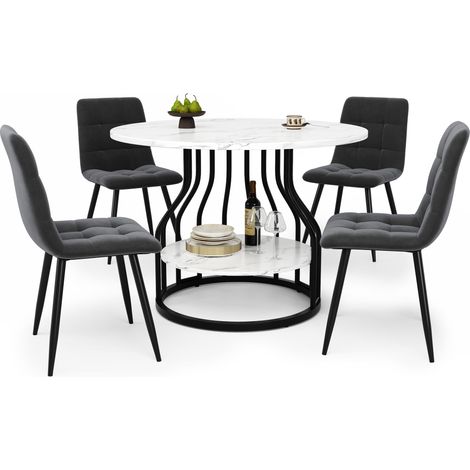 Ensemble de table à manger 5 pièces, ensemble avec 4 chaises, ensemble moderne pour cuisine et salle à manger, table ronde de 80 cm de diamètre avec pieds en métal noir, plateau en MDF effet marbre, c (1/5)