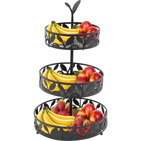 Corbeille à fruits, à 3 niveaux, en fer de qualité supérieure, avec peinture au four, en porcelaine, pour fruits, légumes, collations, noix, dessert, gâteau, plateau pour fête, mariage (1/5)