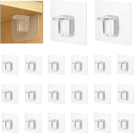 Lot de 20 Supports d'étagères Autocollants 7 x 7 cm Support d'étagère Transparent Adhésif Sans Perçage Crochets Adhésifs pour étagères Placard Penderie - Charge Maximale 15 kg (1/5)