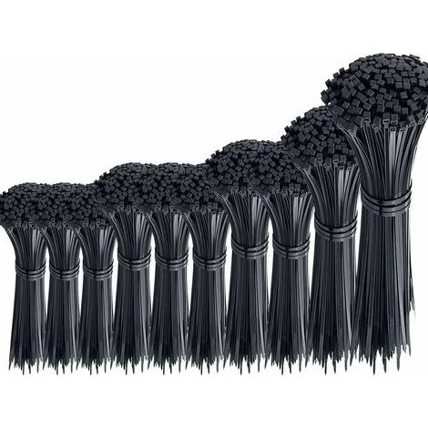 Lot de 1000 attaches de câble Rilsan en nylon noir – Assortiment de 100/150/200/250/300 mm – Largeur 3/4 mm pour la gestion des câbles (1/4)