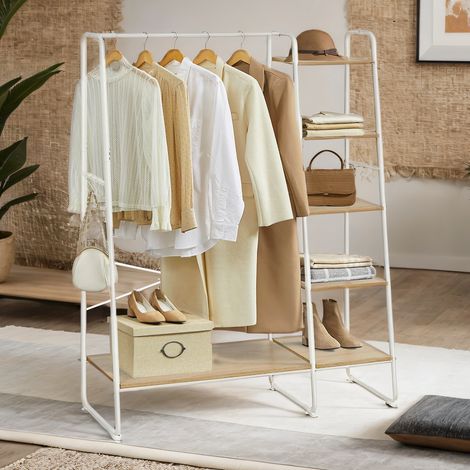Portant à Vêtements avec Étagère à Chaussures et Rangement à 5 Niveaux, 6 Crochets Latéraux, Blanc