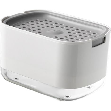 2 en 1 Distributeur Savon Détergent Rechargeable, Distributeur Liquide Vaisselle Plastique avec Porte-Éponge Qualité, Boîte à Savon Pratiquepour pour Hôpital, Cuisine, Bains, Évier(Blanc， 300 ML) (1/5)