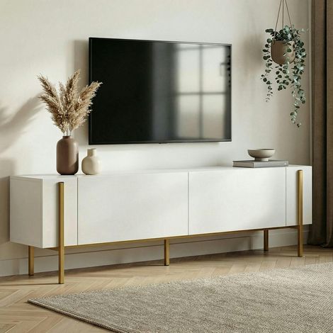 Meuble TV blanc 2 portes pieds métal doré MARFA (1/5)