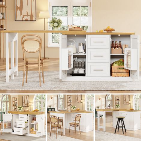 Îlot de cuisine multifonctionnel avec plateau de table extensible, comptoir convertible, étagères réglables à 360°, étagère à snacks, fermeture magnétique et grand tiroir. Design moderne, blanc. (1/5)