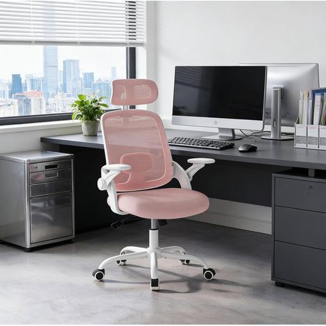 Sedia da ufficio 63.5x47x109.5-117.5 cm rosa in metallo e rete con poggiatesta regolabile (1/3)