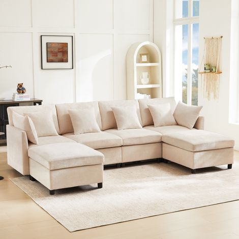 REDOM Divano modulare 278x161x81 cm, convertibile a U o L, con 2 pouf e 6 cuscini, ciniglia beige