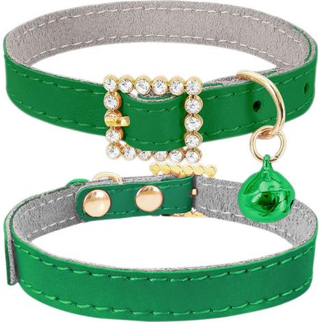 Collier vert pour chaton avec clochette collier pour chien avec boucle en diamant scintillante cuir noir souple. (1/5)